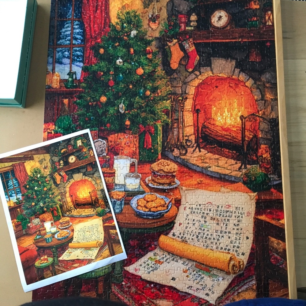 1000-piece jigsaw puzzle: Christmas theme with wooden pieces and poster - Picture 2 of 4